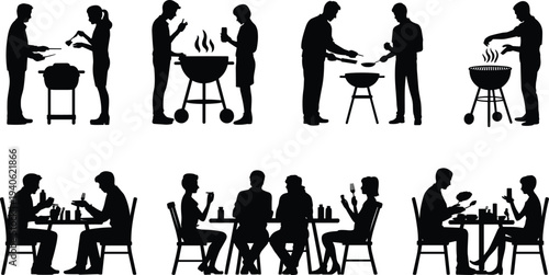 People cooking barbecue and dining together silhouettes showing friends grilling food and eating at table in minimalist black vector style.