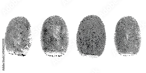 Four high-contrast black and white fingerprint impressions arranged horizontally on a white background