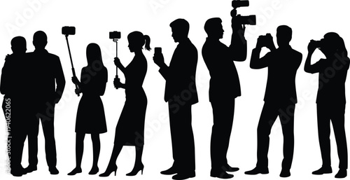 People using smartphones and cameras silhouettes with vloggers, photographers and media reporters recording content in minimalist black vector style.