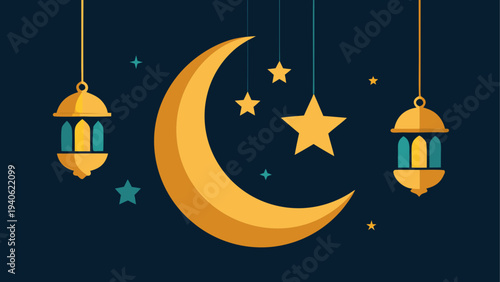 Crescent moon with stars and lanterns night
