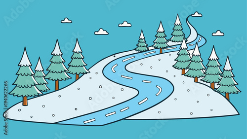 Cartoon winter landscape with snowy road