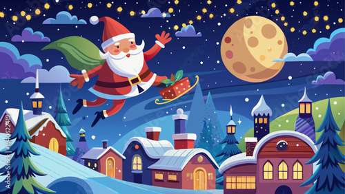 Santa flying over town on christmas night