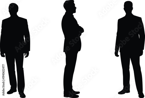 Businessman standing silhouettes in suit showing professional male figures in different poses in minimalist black vector style for corporate design.