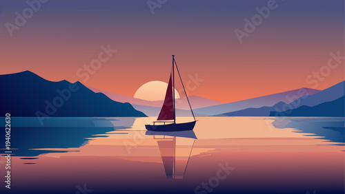 Sailboat on lake at sunset illustration