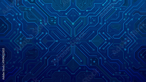 Intricate blue circuit board pattern with symmetrical technological design