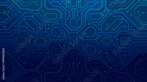 Abstract blue circuit board pattern with interconnected hexagonal shapes