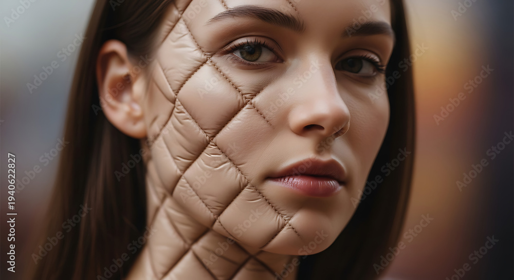 Fototapeta premium Abstract Close Up of a Female Face with Quilted Pattern Skin Texture Representing Synthetic Beauty