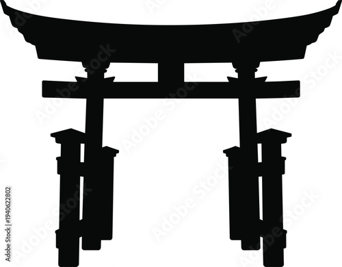 Japanese Torii gate silhouette traditional Shinto shrine entrance in minimalist black vector style representing Japan culture, religion and architecture.