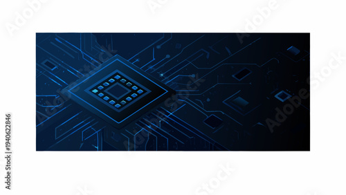 Abstract digital circuit board with a central microchip illustration
