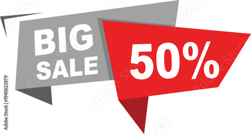 Two triangular banners with big sale and fifty percent off text in white on gray and red backgrounds