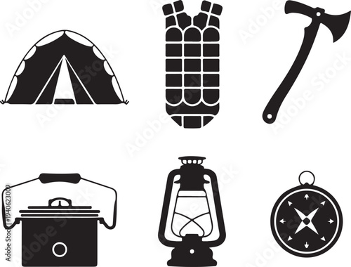 Camping gear and equipment icons including tent axe sleeping bag