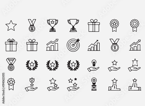 Champion reward, award trophy, best prize, outline icons. Line signs badge, medallion rosette with star and ribbon copy.eps