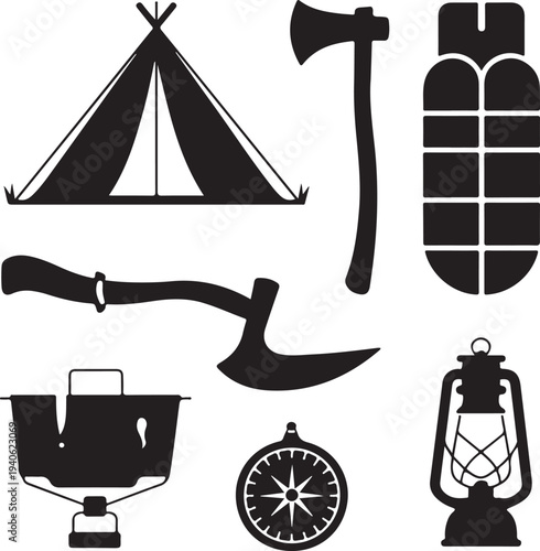Black and white camping icons including tent axe hatchet kettle compass lantern