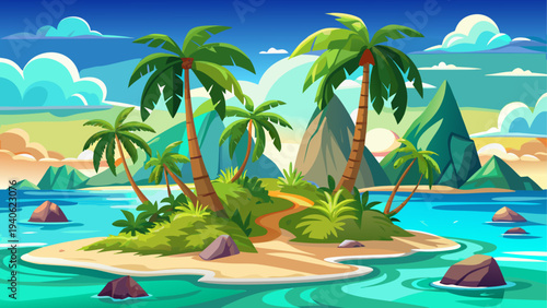 Tropical island with palms and mountains