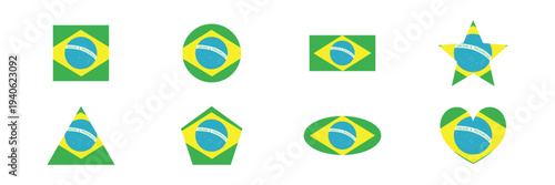 Brazil national flag icons in various geometric shapes representing country identity and patriotic symbol.