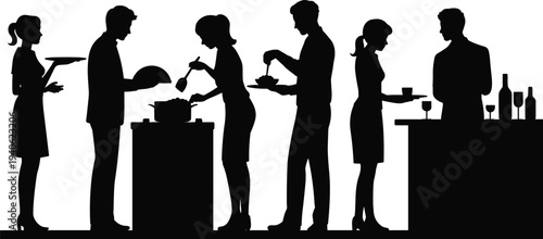 People serving and eating food at buffet table silhouette showing catering service and guests dining in minimalist black vector style.