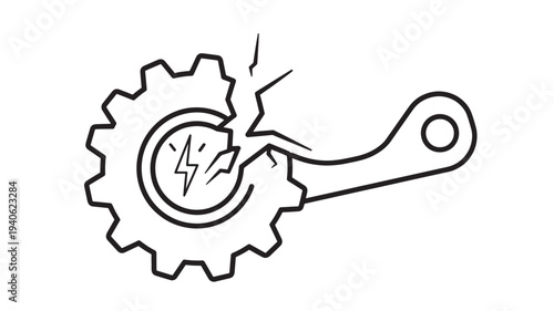 Broken Gear with Lightning Bolt in Simple Line Art with Monochromatic Color on White Background for Technical Illustration