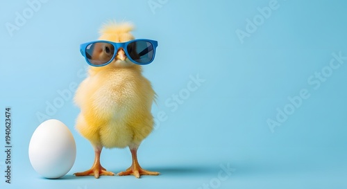 Easter chick wearing sunglasses and standing next to an egg on a blue background a fun holiday scene