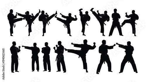 Black silhouettes of people performing various martial arts moves