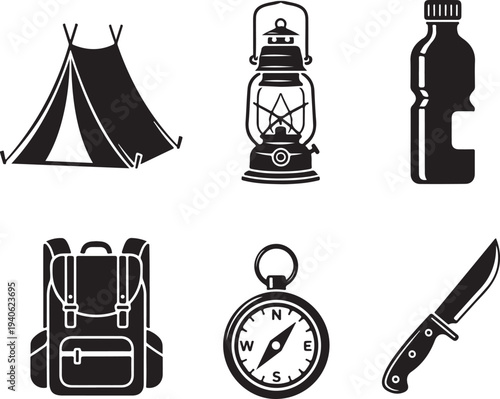 Camping gear and equipment icons including tent and lantern