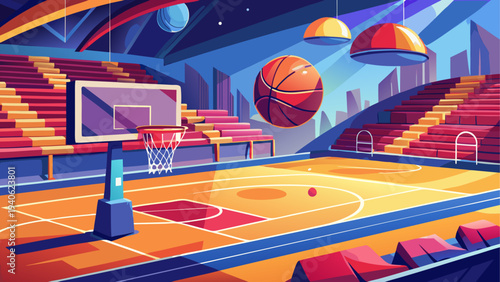 Indoor basketball court with hoops and ball