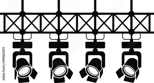 Stage spotlight lighting rig silhouette with hanging theater lights on truss structure in minimalist black vector style for concert and performance design.