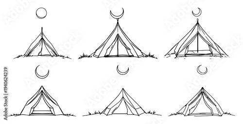 Tent set with continuous line art of a tent under a crescent moon featuring camping, adventure, silhouette with thin black line and white background