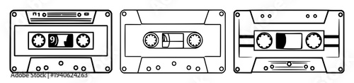 cassette tape set with geometric line art design featuring vintage audio, stationery icon, isolated presentation with consistent stroke width and white background