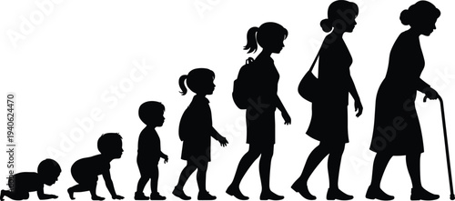 Human life stages silhouette showing growth from baby to elderly woman walking with cane in minimalist black vector style representing aging.