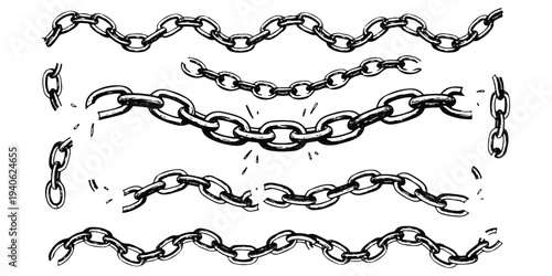 A black and white illustration showing various chains, some intact and some broken, symbolizing strength and freedom.