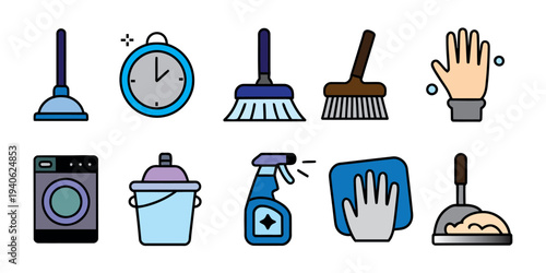 House cleaning tools set flat icons vector illustration isolated on white background