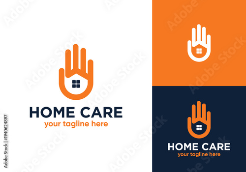 Home care vector logo template, Medical home logo with hand and house in logo design combination