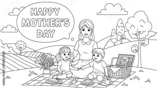 Happy Mother's Day coloring page: family picnic outdoors