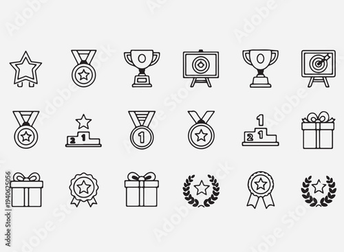 Champion reward, award trophy, best prize, outline icons. Line signs badge, medallion rosette with star and ribbon copy.eps