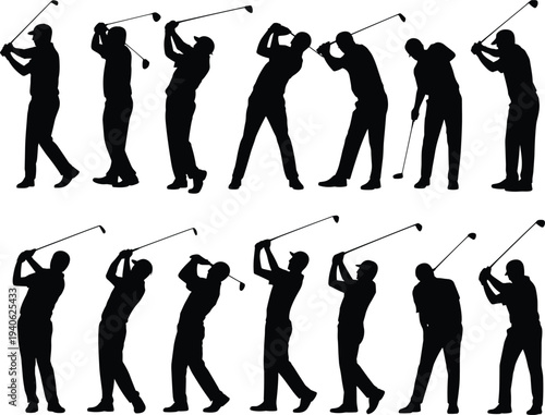 Golf player swing silhouettes set showing golfer hitting ball with club in different poses, minimalist black vector illustration for sport.