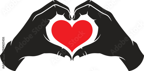 Hands Forming a Heart Shape Around a Red Heart Love and Unity Silhouette