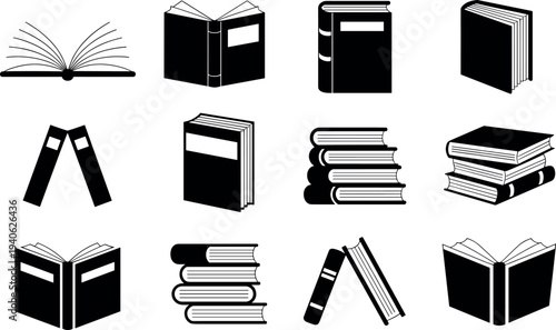 Collection of black book icons in various orientations and stacks