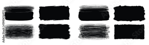 A collection of eight black brush strokes on a white background with varying textures and shading techniques