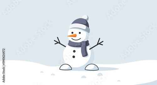 A happy snowman with a hat and scarf standing in the snow, ready for winter fun