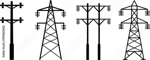 Electric power transmission tower and utility pole silhouette icon set in minimalist black vector style representing electricity grid infrastructure and energy distribution.