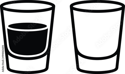 Shot glass outline icon set with filled and empty drink glasses in minimalist black vector style for bar, alcohol beverage and party design.