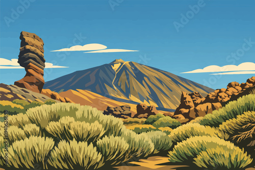 El Teide towering above Tenerife’s volcanic landscape, with rugged rocks, desert shrubs and a clear sunny sky.