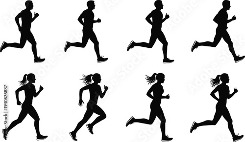 Running Man and Woman Silhouette Set, Jogging Athlete Motion Poses Collection for Fitness Training Marathon Sport Activity Isolated Black Vector Illustration