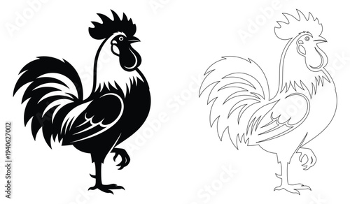 Contrasting illustrations of roosters in black and white