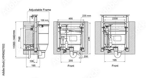 Technical drawing of adjustable frame with dimensions and measurements
