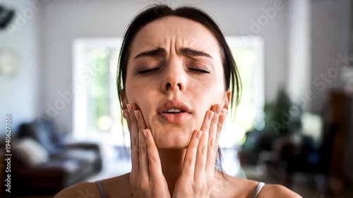 Woman experiencing headache and stress, holding her head in discomfort