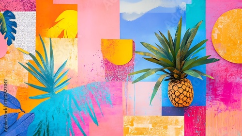 Tropical Pineapple and Lush Foliage Collage with Vibrant Abstract Paint Splatters and Geometric Shapes