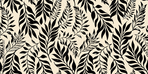 Stylized black and cream botanical illustration with repeating leaf patterns
