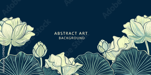 Elegant floral illustration with sketched lotus flowers and dark teal background