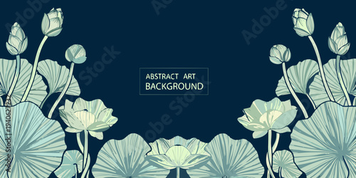 Elegant botanical illustration featuring lotus flowers and leaves on teal